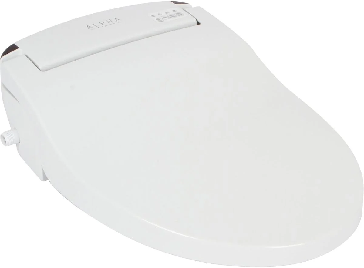The Alpha Bidet JX2 installed on an elongated toilet, front view.