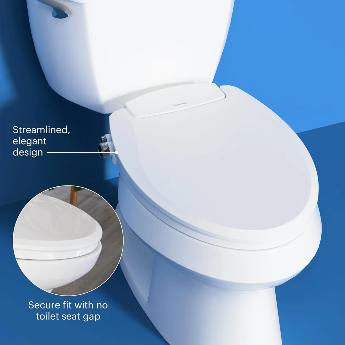 The Brondell Swash EcoSeat installed on an elongated toilet, front view.