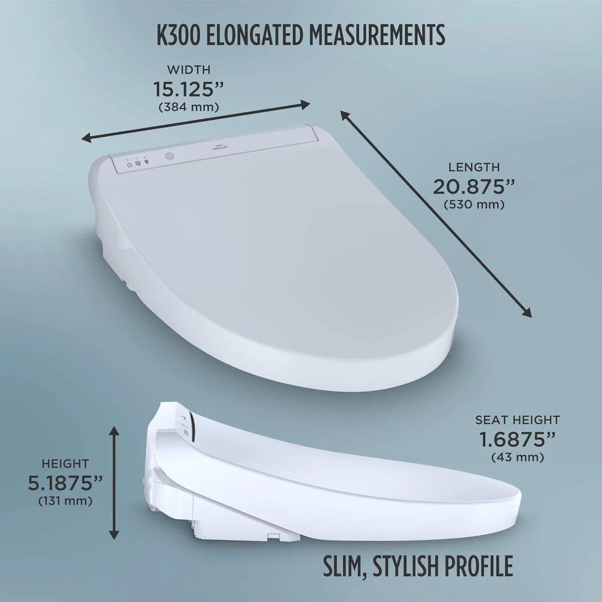 The TOTO WASHLET K300 seat and lid profile.